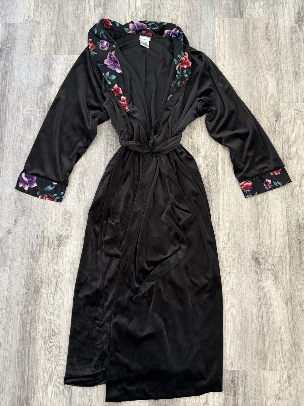 Vintage Secret Treasures Black Velvet Floral Robe Bathrobe Womens Small Luxury